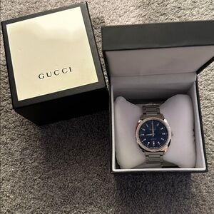 Gucci Metallic Silver Watch with Blue Dial